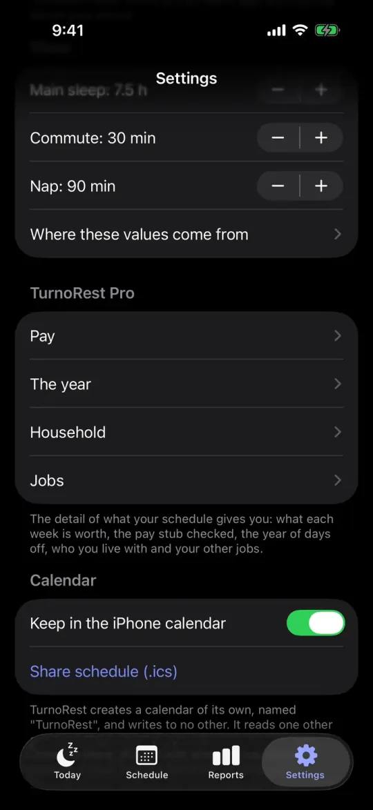 TurnoRest Settings, scrolled to TurnoRest Pro and Calendar. Under TurnoRest Pro are Pay, The year, Household and Jobs. Under Calendar, Keep in the iPhone calendar is switched on, with Share schedule (.ics) below it.