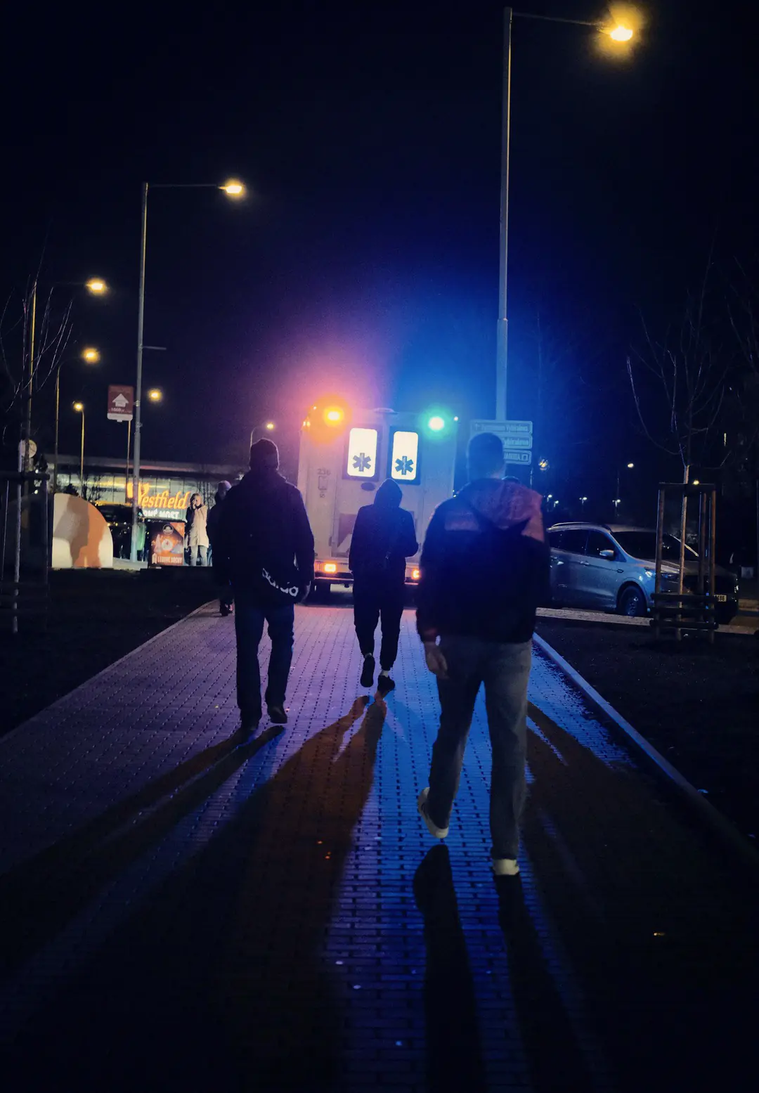 Three people, seen from behind, walk along a paved path at night towards an ambulance with its red and blue lights on.