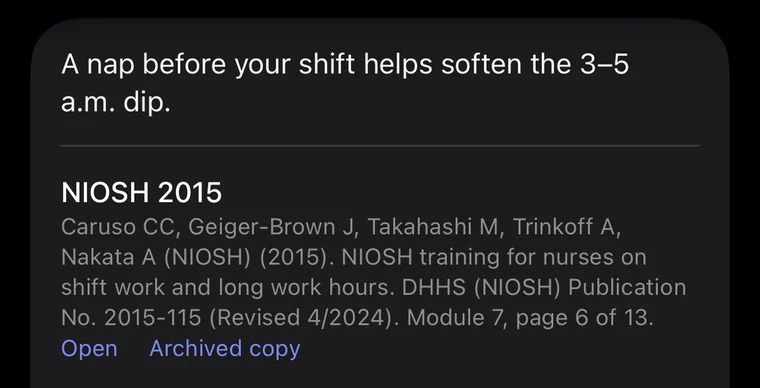 Sources screen in TurnoRest: A nap before your shift helps soften the 3 to 5 a.m. dip. NIOSH 2015: Caruso and colleagues, NIOSH training for nurses on shift work and long work hours, module 7, with Open and Archived copy links.