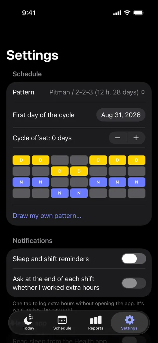 TurnoRest Settings: under Schedule, the pattern is Pitman 2-2-3, 12 hours, 28 days, the first day of the cycle is August 31, 2026, and the cycle offset is 0 days, with the 28 days of the cycle in rows of seven and Draw my own pattern. Under Notifications, sleep and shift reminders are on.