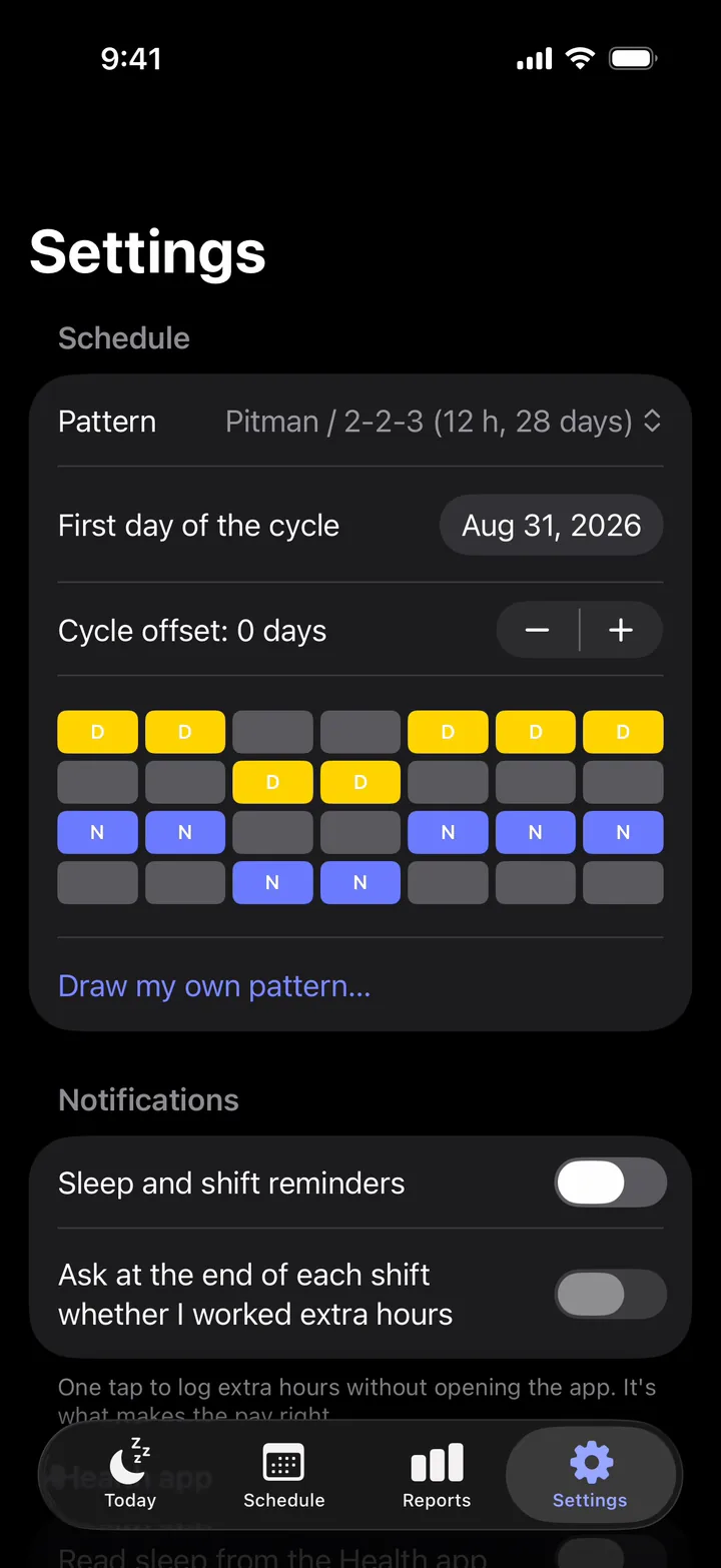 Settings, Schedule: the Pattern menu lists DuPont, Pitman, 4 on/4 off, Metropolitan, Continental, Panama, Kelly 24/48 and Fixed days. Choosing DuPont redraws the 28-day strip of day and night shifts, and choosing Pitman 2-2-3 again brings it back.